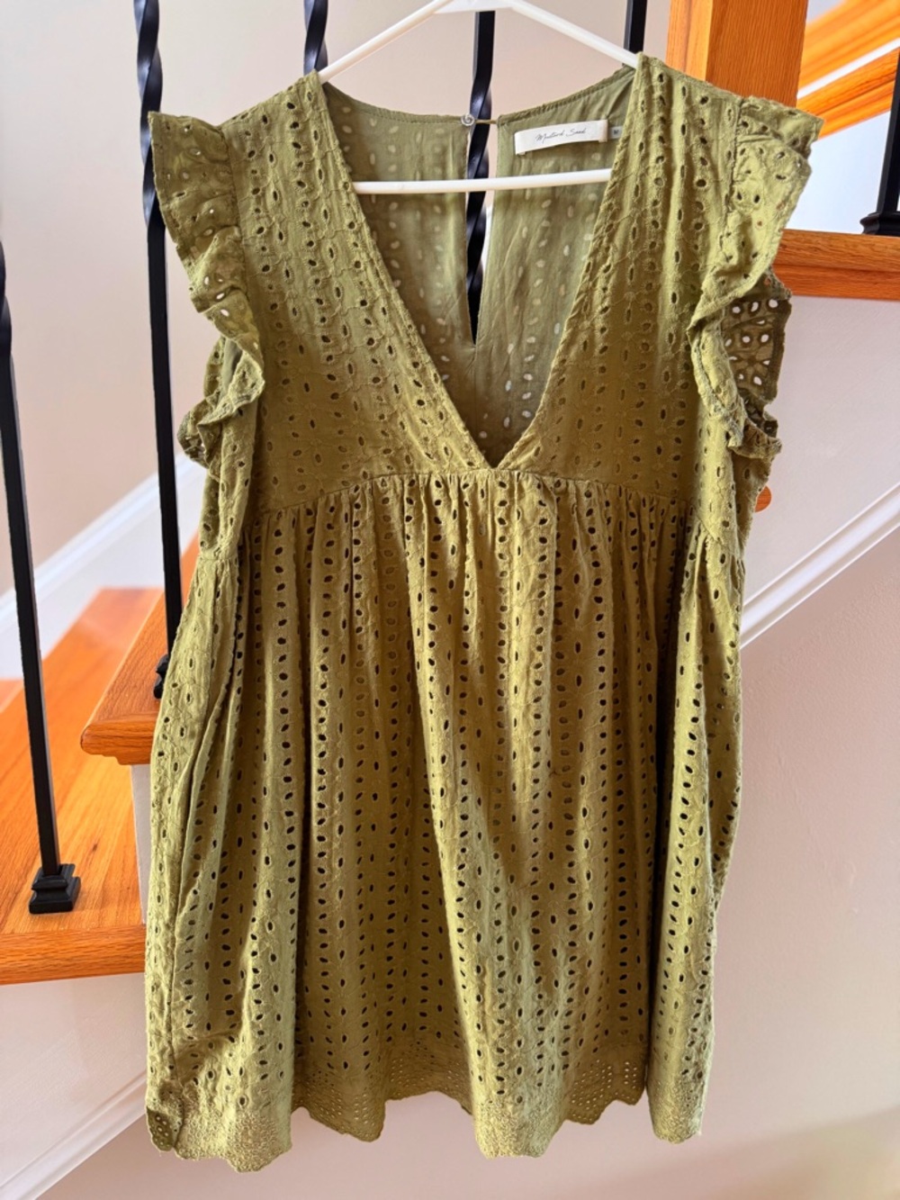Mustard Seed Olive Eyelet Ruffle Sleeve V-Neck Romper w/ Pockets. Size M